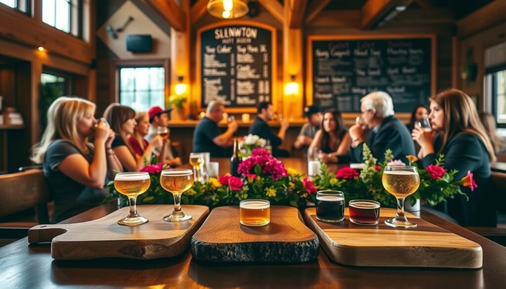 A cozy tasting room in Leavenworth, WA, with a rustic timber-framed interior. Warm, golden lighting illuminates three wooden serving boards, each displaying a variety of beer, cider, and wine samples. The boards are arranged on a polished wooden table, surrounded by lush greenery and vibrant floral accents. In the background, a wall-mounted chalkboard lists the day's tasting selections. Patrons gathered around the table, swirling their glasses and discussing the nuanced flavors, create a convivial atmosphere of connoisseurship and camaraderie.