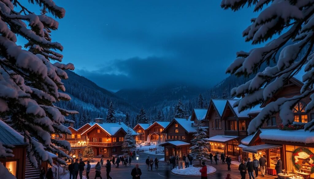 A cozy winter village nestled in a snowy mountain landscape, its charming cottages and inns aglow with twinkling lights. In the foreground, a bustling town square with locals and visitors strolling, sipping warm drinks, and admiring the festive decorations. In the middle ground, snow-capped pines and firs frame the scene, their branches heavy with fresh snow. In the background, a starry night sky and the silhouettes of distant peaks create a serene, magical atmosphere. The lighting is warm and inviting, with a soft, diffused glow from the village lights and a subtle haze from the cold winter air. Capture the essence of a picturesque, winter wonderland with this tranquil and enchanting image.