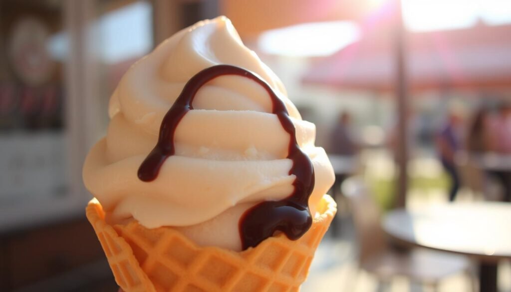 A delectable scoop of rich, creamy ice cream glistening in the warm afternoon sun. The crisp, waffle cone in the foreground provides a delightful textural contrast, its golden hue catching the soft, diffused lighting. In the middle ground, a delicate swirl of chocolate sauce drizzles down the sides, inviting the viewer to imagine the sweet, indulgent flavors. The background blurs softly, allowing the focus to remain on the captivating ice cream treat, a true centerpiece for this idyllic cafe scene. The overall mood is one of relaxation, indulgence, and the simple pleasures of life. A delectable scoop of rich, creamy ice cream glistening in the warm afternoon sun. The crisp, waffle cone in the foreground provides a delightful textural contrast, its golden hue catching the soft, diffused lighting. In the middle ground, a delicate swirl of chocolate sauce drizzles down the sides, inviting the viewer to imagine the sweet, indulgent flavors. The background blurs softly, allowing the focus to remain on the captivating ice cream treat, a true centerpiece for this idyllic cafe scene. The overall mood is one of relaxation, indulgence, and the simple pleasures of life.