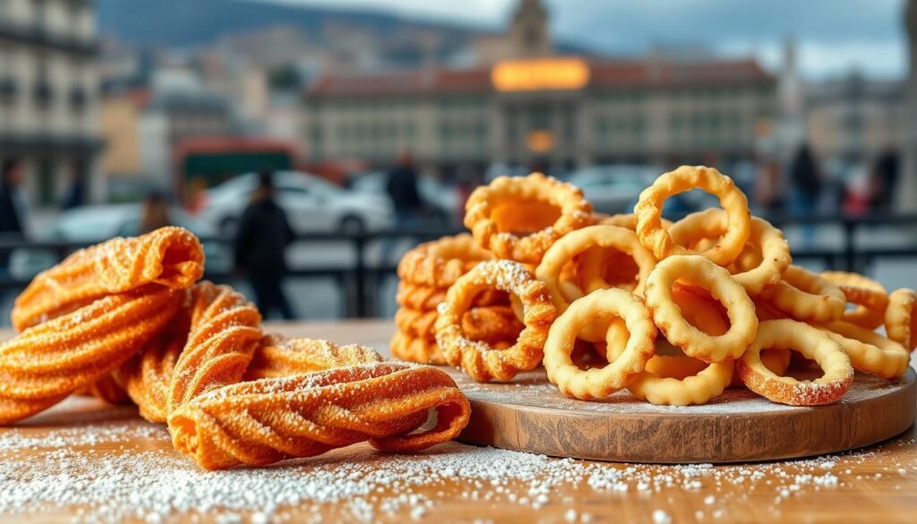 A delightful still life showcasing the iconic flavors of Madrid. In the foreground, freshly fried churros dusted with cinnamon sugar, their golden ridges glistening. Beside them, crisp calamari rings arranged elegantly, their delicate texture accentuated by a light dusting of flour. The middle ground features a wooden board, its weathered surface lending an authentic, rustic charm. Soft, diffused lighting casts a warm, inviting glow, highlighting the vibrant colors and textures of the scene. In the background, a blurred cityscape suggests the lively spirit of the Spanish capital. This image captures the essence of Madrid's beloved street food, a harmonious blend of sweet and savory delights.