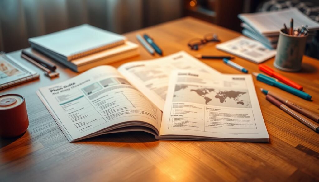 A detailed planning guide sits open on a wooden table, surrounded by a variety of stationery items. The guide features carefully crafted itineraries, checklists, and notes, all meticulously arranged. The lighting is warm and inviting, casting a soft glow across the scene, creating a sense of thoughtful preparation. The composition is balanced, with the guide in the foreground, complemented by the middle-ground items and a blurred, cozy background, conveying a mood of organized exploration and anticipation for an unforgettable journey in Singapore.