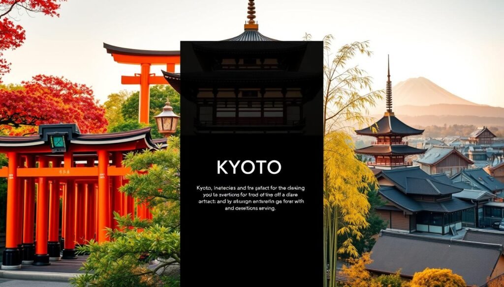 A detailed travel guide showcasing the captivating highlights of Kyoto, Japan. In the foreground, a vibrant collage of iconic landmarks - the vermilion torii gates of Fushimi Inari-taisha, the serene Kinkakuji Temple, and the whimsical Arashiyama bamboo grove. The middle ground features a sleek, modern layout with minimalist typography, guiding the viewer through must-see attractions. The background evokes the city's timeless elegance, with a soft, hazy cityscape of traditional machiya townhouses and the majestic Mount Hiei in the distance. Warm, golden lighting casts a nostalgic glow, evoking the ancient spirit of this historic city. Crisp, high-resolution photography captures the essence of Kyoto's can't-miss highlights.
