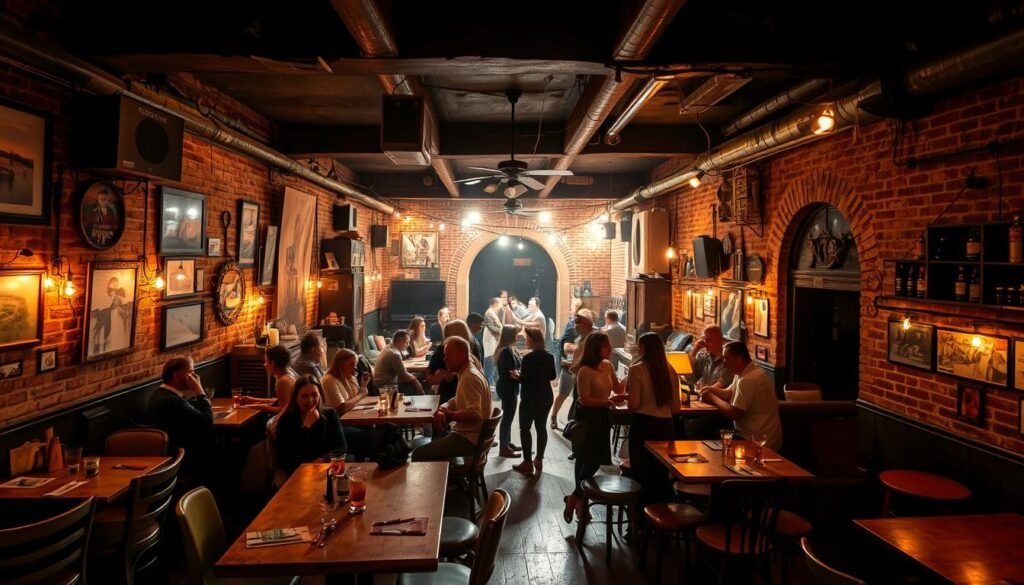 A dimly lit, atmospheric bar nestled in the heart of Budapest's vibrant Jewish Quarter. The interior is a maze of eclectic furnishings, mismatched chairs, and vintage decor, creating a cozy, bohemian ambiance. Soft lighting casts a warm glow, illuminating the exposed brick walls adorned with quirky artwork and string lights. In the foreground, groups of friends gather around worn wooden tables, sipping craft cocktails and chatting animatedly. The middle ground features a lively dance floor, where people sway to the rhythmic beats of live music. In the background, the bar's unique architectural features, such as high ceilings and arched doorways, add to the sense of character and history. The overall vibe is one of relaxed, creative energy, inviting visitors to immerse themselves in the vibrant culture of Budapest's ruin bar scene.