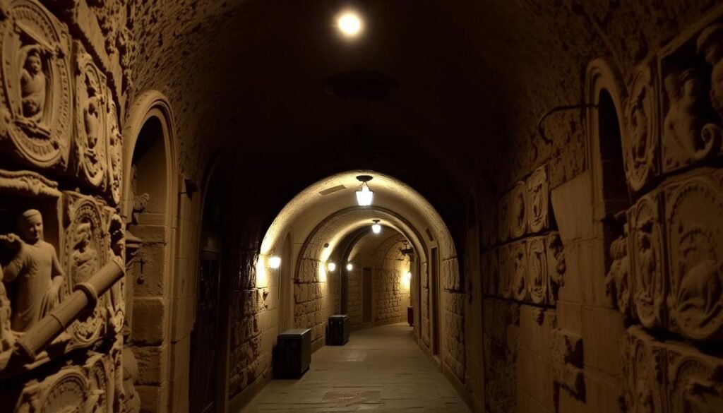 A dimly lit underground passage, the Napoli Sotterranea tour unfolds. Ornate archways and weathered stone walls create an atmosphere of ancient wonder, as visitors descend into the subterranean world beneath the bustling city of Naples. Soft lighting casts flickering shadows, highlighting the intricate carvings and historic relics that line the winding corridors. The air is thick with the scent of damp earth, hinting at the centuries-old secrets that lie buried within these forgotten chambers. A sense of mystery and exploration permeates the scene, inviting viewers to imagine the stories that these underground galleries have witnessed over the ages.