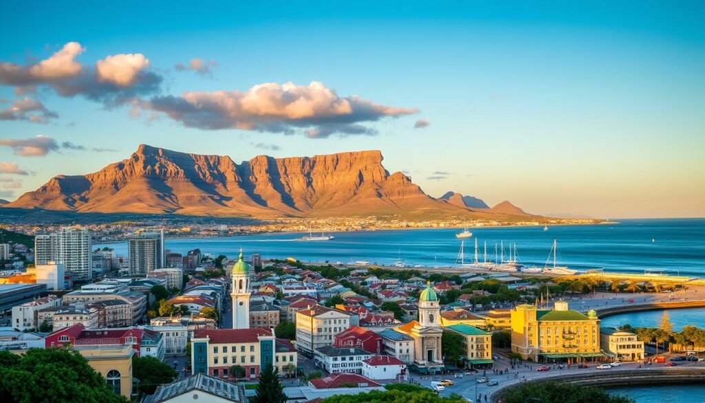 A dramatic cityscape of Cape Town, South Africa, nestled between the iconic Table Mountain and the shimmering waters of Table Bay. In the foreground, the colorful buildings and bustling streets of the city center come to life, with pedestrians strolling along the waterfront promenade. In the middle ground, the majestic Table Mountain rises, its rugged peaks bathed in warm, golden light. The background is filled with the deep blue of the Atlantic Ocean, dotted with the sails of yachts and the silhouettes of distant mountains. The scene conveys a vibrant, energetic atmosphere, inviting the viewer to explore the natural wonders and urban delights of this stunning destination.