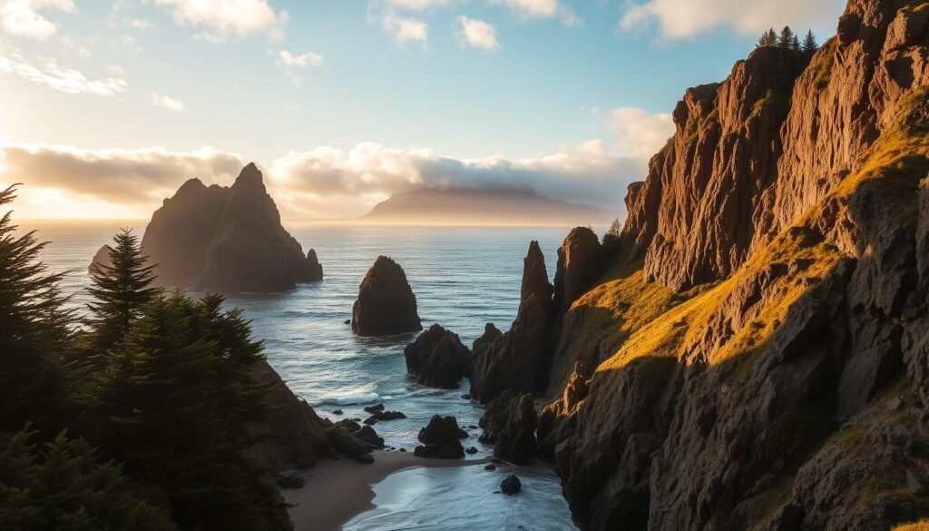 A dramatic coastal landscape along the Oregon shore, with rugged cliffs and rocky outcroppings overlooking the vast Pacific Ocean. In the foreground, a secluded cove with a sandy beach, fringed by lush evergreen vegetation. The middle ground features towering basalt formations, carved by wind and waves over centuries, their jagged silhouettes casting long shadows across the scene. In the distance, the iconic Neahkahnie Mountain rises up, its summit shrouded in mist. Warm, golden sunlight filters through the clouds, casting a warm glow over the entire tableau. The overall mood is one of serene tranquility, inviting the viewer to explore this hidden gem along the North Coast.