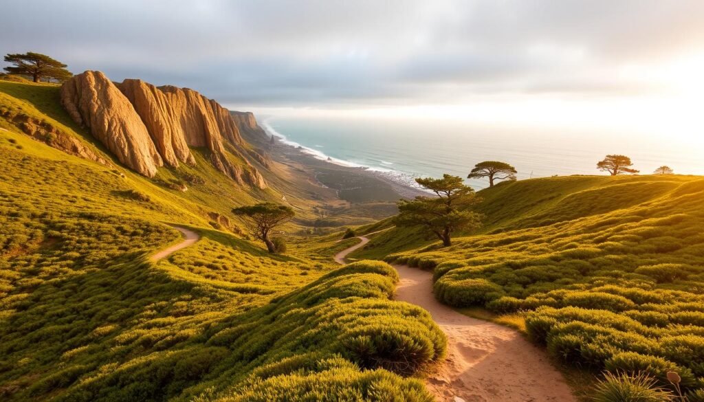 A dramatic coastal landscape with towering sandstone cliffs overlooking the Pacific Ocean. In the foreground, a winding dirt trail winds through lush, rolling hills covered in vibrant green chaparral and iconic Torrey pine trees. The middle ground reveals a panoramic view of the craggy coastline, with the sun casting warm, golden light across the scene. In the distance, the horizon is dotted with small beaches and coves, framed by the dramatic silhouette of the Torrey Pines State Natural Reserve. The overall mood is one of tranquility and natural wonder, inviting the viewer to explore this stunning natural sanctuary. A dramatic coastal landscape with towering sandstone cliffs overlooking the Pacific Ocean. In the foreground, a winding dirt trail winds through lush, rolling hills covered in vibrant green chaparral and iconic Torrey pine trees. The middle ground reveals a panoramic view of the craggy coastline, with the sun casting warm, golden light across the scene. In the distance, the horizon is dotted with small beaches and coves, framed by the dramatic silhouette of the Torrey Pines State Natural Reserve. The overall mood is one of tranquility and natural wonder, inviting the viewer to explore this stunning natural sanctuary.
