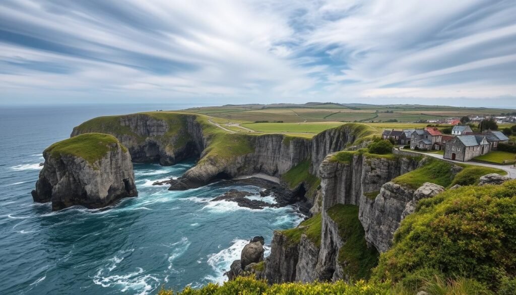 A dramatic coastal scene along the rugged shores of Brittany, France. In the foreground, towering granite cliffs plunge into the churning azure waters of the Atlantic, their weathered faces sculpted by centuries of wind and waves. Lush green vegetation clings to the rocky ledges, adding a vibrant natural contrast. In the middle ground, a quaint seaside village nestles between the cliffs, its charming slate-roofed houses and cobbled streets evoking a timeless Breton ambiance. The background features a vast, moody sky, with wispy clouds casting dramatic shadows over the sweeping landscape. The overall scene conveys a palpable sense of ancient grandeur, rugged natural beauty, and the enduring allure of this legendary stretch of French coastline.