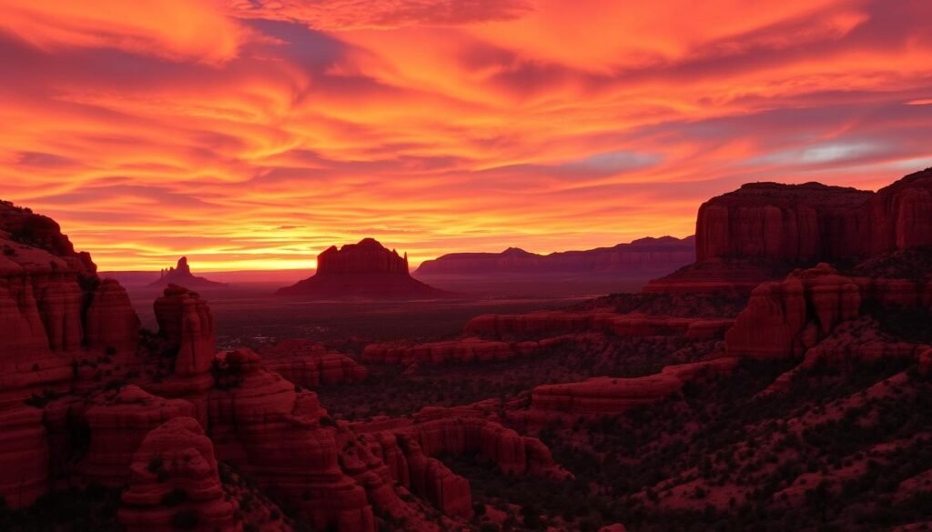 A dramatic sunset over the iconic red rock formations of Sedona, Arizona. In the foreground, the warm sandstone cliffs glow with a rich crimson hue, their rugged texture accentuated by soft, directional lighting. In the middle ground, towering buttes and mesas stand tall, casting long shadows that stretch across the landscape. The sky above is ablaze with vibrant hues of orange, red, and purple, creating a breathtaking natural spectacle. The overall scene conveys a sense of tranquility and wonder, perfect for a dinner with a view overlooking this stunning desert vista.