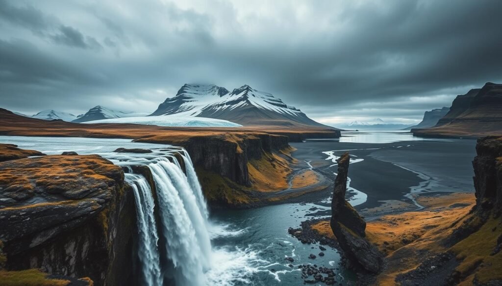 A dramatic, sweeping landscape of Iceland's South Coast, captured in a cinematic wide-angle view. The foreground features a majestic, thundering waterfall cascading over rugged, mossy cliffs, its crystal-clear waters reflecting the surrounding scenery. In the middle ground, an ancient, ice-capped glacier dominates the scene, its towering, jagged peaks piercing the moody, overcast sky. The background showcases the dramatic, windswept shoreline, with black volcanic sand beaches and imposing, angular rock formations carved by the relentless power of the North Atlantic. The image is bathed in a soft, moody natural lighting, creating a sense of awe and wonder at the raw, untamed beauty of this magnificent region.