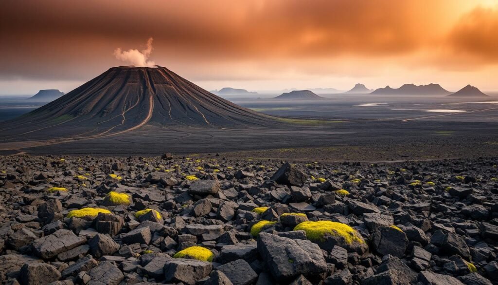 A dramatic, volcanic landscape on the Reykjanes Peninsula, Iceland. In the foreground, a large, gently sloping shield volcano rises from the rugged, weathered lava fields, its slopes crisscrossed by a network of fissures and crevices. The volcano's summit is capped with a shallow caldera, emitting wisps of steam. In the middle ground, a field of jagged, black basalt rocks and solidified lava flows stretch out, scattered with vibrant green moss and lichen. In the distance, a range of smaller volcanic peaks and ridges dot the horizon, silhouetted against a moody, overcast sky. Warm, diffused lighting from the west casts long shadows and highlights the geological textures of the scene. A sense of primordial, untamed power and the raw energy of the earth's inner workings pervade the image.