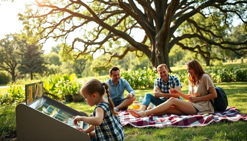 A family of four enjoying various activities in a vibrant, sun-drenched Dallas park. In the foreground, a young boy and girl enthusiastically engage with hands-on educational exhibits at an outdoor museum. In the middle ground, parents picnic on a plaid blanket, surrounded by lush greenery and blooming flowers. In the background, a towering oak tree casts a gentle, dappled light over the scene. The atmosphere is one of joyful discovery and quality time together, capturing the essence of family-friendly fun in Dallas. A family of four enjoying various activities in a vibrant, sun-drenched Dallas park. In the foreground, a young boy and girl enthusiastically engage with hands-on educational exhibits at an outdoor museum. In the middle ground, parents picnic on a plaid blanket, surrounded by lush greenery and blooming flowers. In the background, a towering oak tree casts a gentle, dappled light over the scene. The atmosphere is one of joyful discovery and quality time together, capturing the essence of family-friendly fun in Dallas.