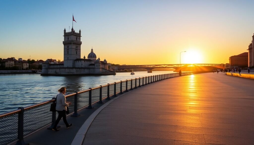 A golden sunset casts a warm glow over the Tagus River in Belém, Portugal. The iconic Belém Tower stands tall on the riverbank, its intricate Manueline architecture reflecting in the calm waters. In the foreground, a leisurely stroll along the promenade leads past the historic Jerónimos Monastery, its grand façade bathed in the fading light. The scene exudes a sense of tranquility and timeless beauty, inviting the viewer to explore the captivating Belém district and its rich cultural heritage.