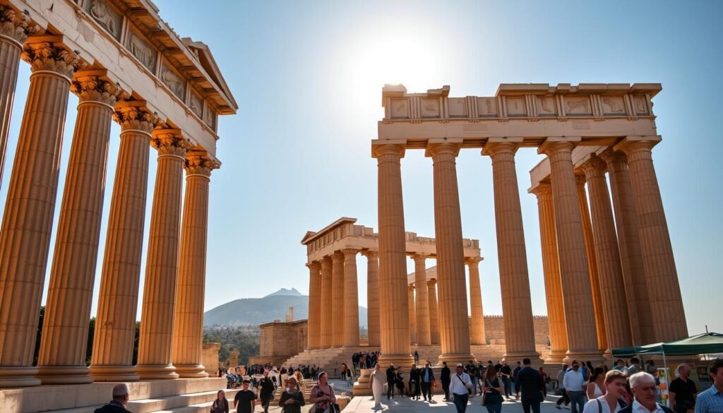 A grand, ancient temple stands tall, its weathered marble columns reaching skyward. The Temple of Hephaestus, an exquisite example of Doric architecture, sits atop a raised platform, overlooking the bustling ancient Agora of Athens. Warm, golden sunlight filters through the columns, casting intricate shadows across the intricate frieze and pediment carvings. In the foreground, visitors wander the historic site, awestruck by the grandeur of this well-preserved temple. The middle ground features the thriving Agora, with its market stalls and lively chatter, while the background showcases the iconic Acropolis, its iconic Parthenon temple gleaming in the distance. A sense of timeless wonder and reverence permeates the scene, capturing the essence of Athens' enduring ancient treasures. A grand, ancient temple stands tall, its weathered marble columns reaching skyward. The Temple of Hephaestus, an exquisite example of Doric architecture, sits atop a raised platform, overlooking the bustling ancient Agora of Athens. Warm, golden sunlight filters through the columns, casting intricate shadows across the intricate frieze and pediment carvings. In the foreground, visitors wander the historic site, awestruck by the grandeur of this well-preserved temple. The middle ground features the thriving Agora, with its market stalls and lively chatter, while the background showcases the iconic Acropolis, its iconic Parthenon temple gleaming in the distance. A sense of timeless wonder and reverence permeates the scene, capturing the essence of Athens' enduring ancient treasures.