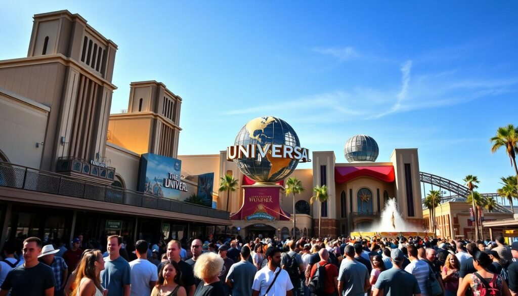 A grand and iconic theme park in sunny Los Angeles, with towering facades of famous movie studios set against a clear blue sky. In the foreground, guests queue eagerly for the thrilling roller coasters and cinematic rides, their expressions filled with excitement. The middle ground showcases the bustling energy of the park, with performers and characters entertaining the crowds. In the background, the famous Universal globe logo stands tall, overlooking the vibrant scene. The lighting is warm and inviting, capturing the spirit of Hollywood magic and wonder. Dramatic angles and a cinematic lens create a sense of scale and grandeur, immersing the viewer in the ultimate movie-making experience.