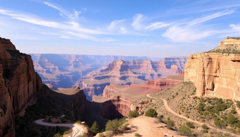 A grand and majestic vista of the iconic Grand Canyon, its vast expanse of red-orange sandstone walls carved by the mighty Colorado River. In the foreground, a winding trail leads the eye into the canyon's depths, where sunlight casts dramatic shadows across the rugged terrain. In the middle ground, towering rock formations and ancient rock layers rise up, creating a sense of timeless geological wonder. The background fades into a hazy blue sky, dotted with wispy clouds that cast soft, natural lighting over the entire scene. The overall mood is one of awe-inspiring natural beauty, inviting the viewer to explore this iconic American landscape.