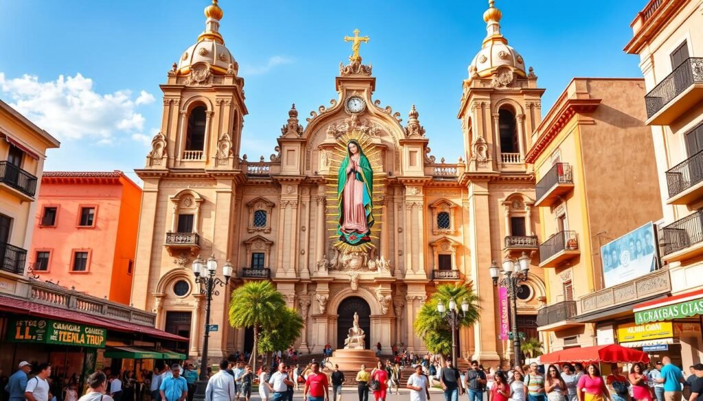 A grand cathedral stands tall, its ornate facade bathed in warm sunlight. In the center, a radiant statue of the Blessed Virgin Mary, Our Lady of Guadalupe, her kind gaze and flowing robes commanding reverence. Vibrant colors and intricate details adorn the scene, capturing the rich cultural heritage of this iconic Mexican landmark. The bustling streets of El Centro surround the cathedral, people moving with purpose past colorful buildings and lively plazas. A sense of reverence and celebration permeates the air, inviting visitors to immerse themselves in the heart of this remarkable city. A grand cathedral stands tall, its ornate facade bathed in warm sunlight. In the center, a radiant statue of the Blessed Virgin Mary, Our Lady of Guadalupe, her kind gaze and flowing robes commanding reverence. Vibrant colors and intricate details adorn the scene, capturing the rich cultural heritage of this iconic Mexican landmark. The bustling streets of El Centro surround the cathedral, people moving with purpose past colorful buildings and lively plazas. A sense of reverence and celebration permeates the air, inviting visitors to immerse themselves in the heart of this remarkable city.