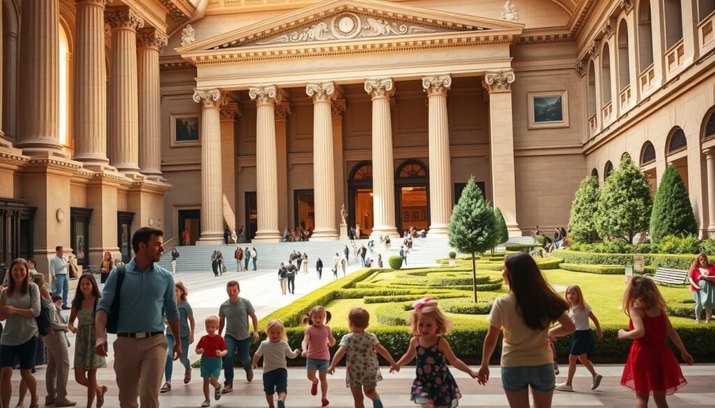 A grand, classical-style history museum stands majestically, its towering columns and ornate facade reflecting the grandeur of the past. The foreground features families exploring the museum's expansive lobby, their faces alight with wonder as they gaze up at the soaring ceilings and intricate architectural details. In the middle ground, visitors move through the museum's galleries, captivated by the rich tapestry of historical artifacts and exhibits. The background depicts the museum's lush, manicured gardens, where children run and play, their laughter and excitement filling the air. The scene is bathed in warm, natural light, creating a sense of inviting warmth and discovery. Overall, the image conveys the joy and fascination of learning through the dynamic and engaging experience of a family-friendly history museum. A grand, classical-style history museum stands majestically, its towering columns and ornate facade reflecting the grandeur of the past. The foreground features families exploring the museum's expansive lobby, their faces alight with wonder as they gaze up at the soaring ceilings and intricate architectural details. In the middle ground, visitors move through the museum's galleries, captivated by the rich tapestry of historical artifacts and exhibits. The background depicts the museum's lush, manicured gardens, where children run and play, their laughter and excitement filling the air. The scene is bathed in warm, natural light, creating a sense of inviting warmth and discovery. Overall, the image conveys the joy and fascination of learning through the dynamic and engaging experience of a family-friendly history museum.