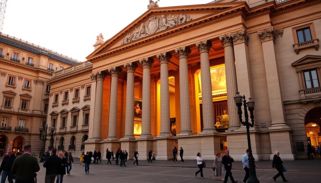 A grand, historic museum along the Paseo del Prado in Madrid, its neoclassical facade bathed in warm, golden light. Towering columns and ornate details invite visitors into a world of art and culture. The foreground features visitors strolling along the entrance plaza, admiring the impressive architecture. The middle ground showcases the museum's expansive interior, with high ceilings and elegant galleries filled with masterpieces. The background gradually fades into the bustling city streets beyond, hinting at the vibrant energy of the surrounding neighborhood. The overall scene evokes a sense of wonder, education, and the enduring legacy of Madrid's rich artistic heritage. A grand, historic museum along the Paseo del Prado in Madrid, its neoclassical facade bathed in warm, golden light. Towering columns and ornate details invite visitors into a world of art and culture. The foreground features visitors strolling along the entrance plaza, admiring the impressive architecture. The middle ground showcases the museum's expansive interior, with high ceilings and elegant galleries filled with masterpieces. The background gradually fades into the bustling city streets beyond, hinting at the vibrant energy of the surrounding neighborhood. The overall scene evokes a sense of wonder, education, and the enduring legacy of Madrid's rich artistic heritage.