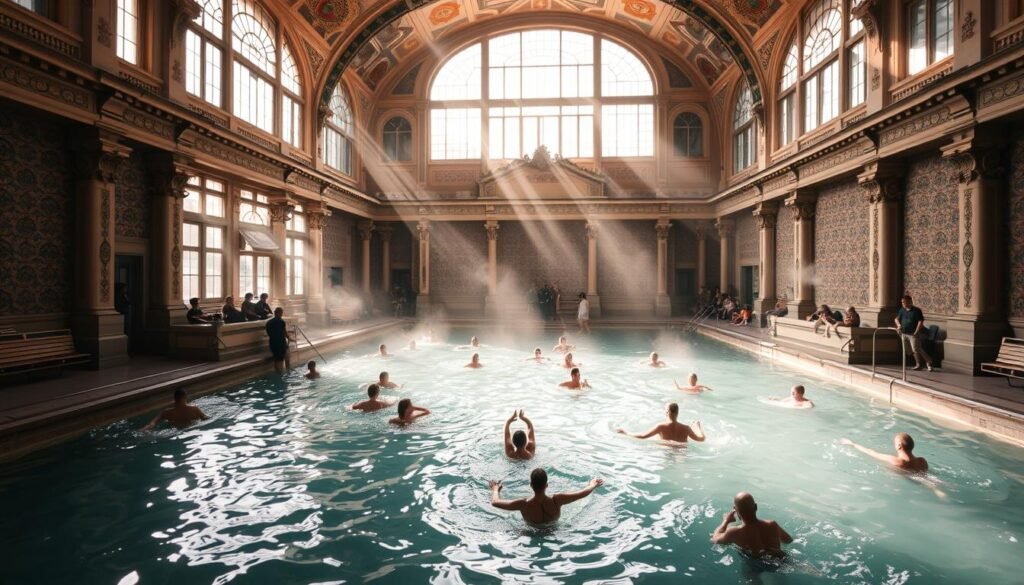 A grand, historic thermal bath complex nestled in the heart of Budapest's scenic Városliget park. The Széchenyi Baths, with their ornate neo-baroque architecture, stand proudly as a beloved landmark. Sunlight streams through the high windows, casting a warm, golden glow across the intricate tiled walls and steaming pools. Swimmers glide effortlessly through the mineral-rich waters, their movements reflected in the still surfaces. The serene atmosphere is punctuated by the lively chatter of locals and visitors alike, savoring this iconic Budapest experience. The scene exudes a timeless elegance, inviting the viewer to step inside and immerse themselves in the city's rich cultural heritage.