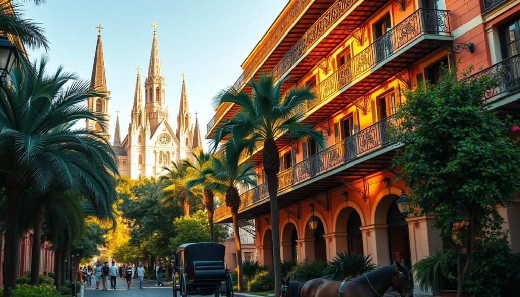 A grand hotel facade in the historic French Quarter of New Orleans, with wrought-iron balconies and ornate architectural details. The building is bathed in warm, golden light, casting a cozy and inviting atmosphere. In the foreground, a horse-drawn carriage waits to transport guests, while pedestrians stroll along the lively street. The middle ground features lush palm trees and vibrant foliage, creating a tropical ambiance. In the background, the iconic St. Louis Cathedral towers over the scene, its spires silhouetted against a clear blue sky. The overall impression is one of timeless elegance and the unique charm of the "Big Easy."