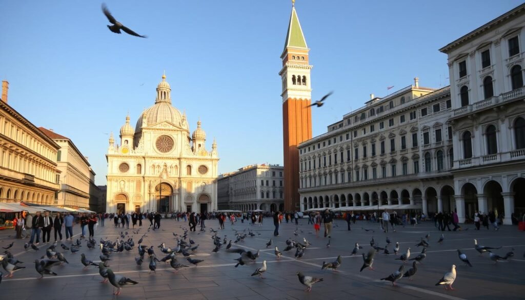 A grand, iconic scene of St. Mark's Square in Venice, Italy. In the foreground, the majestic Basilica of St. Mark stands tall, its ornate Byzantine façade glowing in the warm afternoon sunlight. Pigeons flutter around the grand plaza, while tourists and locals alike bask in the lively atmosphere. The towering Campanile bell tower rises proudly in the middle ground, casting a long shadow across the square. In the background, the elegant, pastel-colored buildings of Venice create a picturesque backdrop, their reflections shimmering in the tranquil waters of the nearby canals. A sense of timeless beauty and historical grandeur permeates the scene, inviting the viewer to step into the enchanting world of Venice.