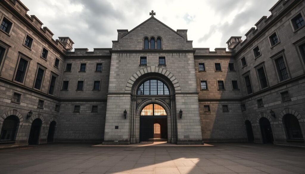 A grand, imposing stone edifice stands tall, its weathered facade evoking a sense of somber history. Kilmainham Gaol, a former prison in Dublin, looms majestically against a moody, overcast sky. The main entrance, a massive arched doorway, beckons visitors to explore the building's haunting past. The interior courtyard, lined with solemn gray walls, casts long shadows that hint at the struggles and hardships endured by its former inmates. Sunlight filters through barred windows, casting a warm, golden glow that contrasts with the building's austere, foreboding atmosphere. The overall scene conveys a profound sense of the weight of history, inviting viewers to reflect on the powerful stories that echo within these ancient walls. A grand, imposing stone edifice stands tall, its weathered facade evoking a sense of somber history. Kilmainham Gaol, a former prison in Dublin, looms majestically against a moody, overcast sky. The main entrance, a massive arched doorway, beckons visitors to explore the building's haunting past. The interior courtyard, lined with solemn gray walls, casts long shadows that hint at the struggles and hardships endured by its former inmates. Sunlight filters through barred windows, casting a warm, golden glow that contrasts with the building's austere, foreboding atmosphere. The overall scene conveys a profound sense of the weight of history, inviting viewers to reflect on the powerful stories that echo within these ancient walls.