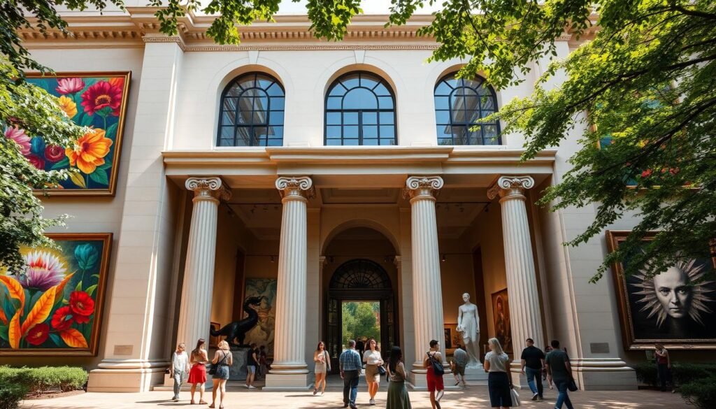 A grand museum facade, its elegant columns and ornate entryway framed by lush greenery. Sunlight streams through large windows, illuminating the vibrant artwork within - abstract expressionist masterpieces, vibrant floral studies, and enigmatic contemporary sculptures. Visitors wander the spacious galleries, their eyes drawn to the captivating interplay of color, form, and light. The atmosphere is one of quiet contemplation, a reverent hush pervading the halls as art enthusiasts immerse themselves in the creative vision of celebrated artists. This is a place of inspiration, where the boundaries between the everyday and the extraordinary blur, inviting all who enter to discover the transformative power of art. A grand museum facade, its elegant columns and ornate entryway framed by lush greenery. Sunlight streams through large windows, illuminating the vibrant artwork within - abstract expressionist masterpieces, vibrant floral studies, and enigmatic contemporary sculptures. Visitors wander the spacious galleries, their eyes drawn to the captivating interplay of color, form, and light. The atmosphere is one of quiet contemplation, a reverent hush pervading the halls as art enthusiasts immerse themselves in the creative vision of celebrated artists. This is a place of inspiration, where the boundaries between the everyday and the extraordinary blur, inviting all who enter to discover the transformative power of art.