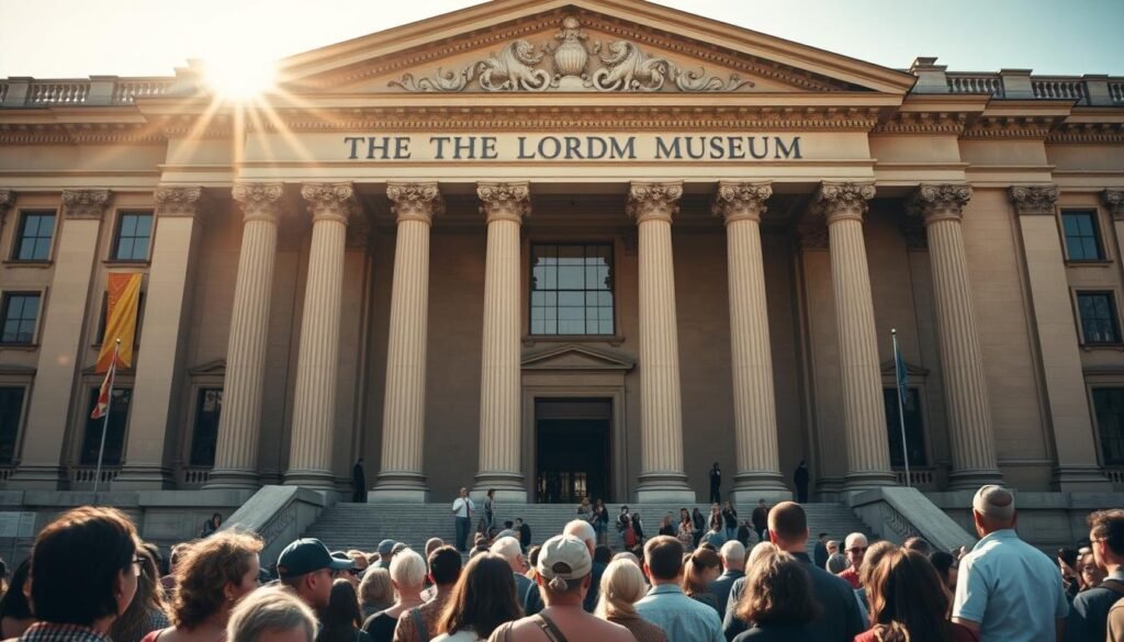 A grand museum facade stands tall, its classical columns and ornate architectural details reflecting the rich cultural heritage within. Warm sunlight filters through the expansive windows, casting a welcoming glow over the imposing structure. The museum's exterior exudes a sense of gravitas and historical significance, inviting visitors to explore the stories and experiences it holds. In the foreground, a diverse crowd gathers, their expressions a mix of contemplation and reverence as they approach the museum's entrance, ready to reckon with the complex and profound narratives it presents.