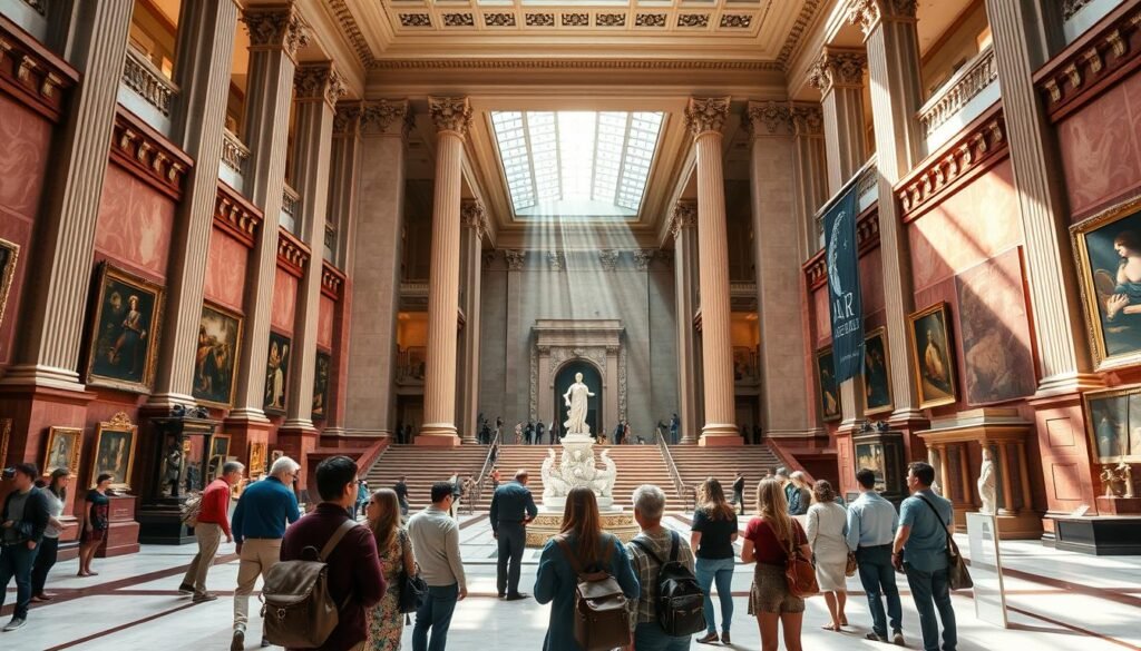 A grand, neoclassical facade with towering columns and ornate details, the Birmingham Museum of Art stands as a beacon of cultural heritage. Sunlight cascades through its expansive windows, illuminating the grand lobby where visitors are greeted by a magnificent atrium. Polished marble floors and richly detailed architectural elements create an atmosphere of refined elegance. In the foreground, a group of art enthusiasts admire the museum's renowned collection, their faces alight with wonder as they explore the diverse array of paintings, sculptures, and artifacts on display. The scene radiates a sense of intellectual curiosity and appreciation for the fine arts.