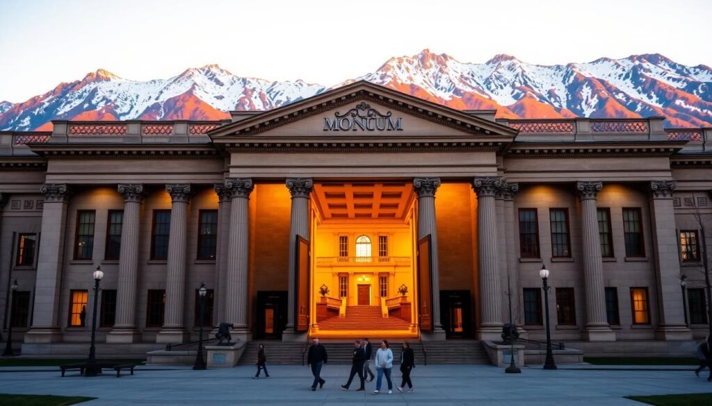 A grand, neoclassical museum set against the backdrop of the majestic Rocky Mountains. The facade features grand columns and intricate architectural details, bathed in warm, golden light. Through the open doors, a grand, central atrium with a sweeping grand staircase invites visitors to explore the museum's rich collection. In the foreground, a small group of people stroll leisurely, awed by the museum's grandeur. The overall scene exudes a sense of timeless elegance and cultural sophistication, perfectly capturing the essence of Bozeman's vibrant museum scene. A grand, neoclassical museum set against the backdrop of the majestic Rocky Mountains. The facade features grand columns and intricate architectural details, bathed in warm, golden light. Through the open doors, a grand, central atrium with a sweeping grand staircase invites visitors to explore the museum's rich collection. In the foreground, a small group of people stroll leisurely, awed by the museum's grandeur. The overall scene exudes a sense of timeless elegance and cultural sophistication, perfectly capturing the essence of Bozeman's vibrant museum scene.