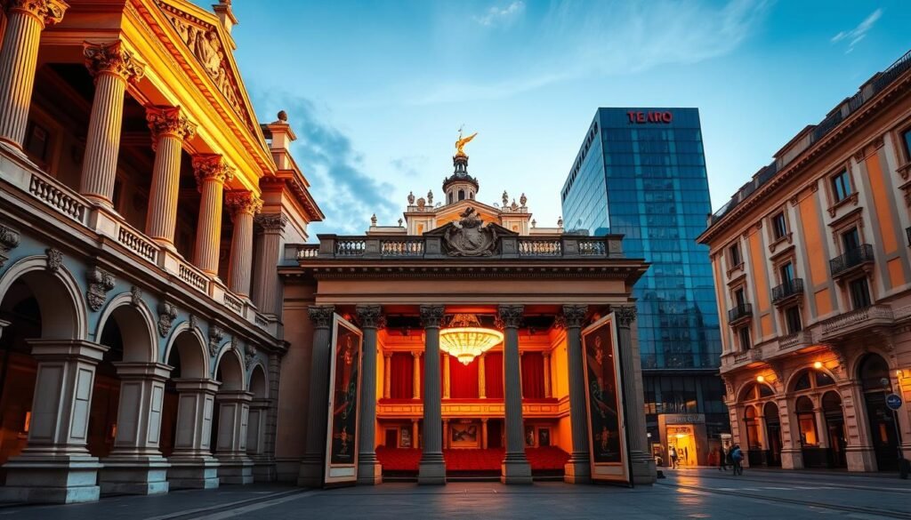 A grand, neoclassical opera house, the Teatro alla Scala in Milan stands majestically, its ornate facade and columns bathed in warm, golden light. The intricate architectural details, from the arched entryways to the ornamental balconies, convey a sense of timeless elegance. Through the open doors, a glimpse of the opulent interior can be seen, with its lavish chandelier and plush, red velvet seats, ready to host a performance that will captivate the audience. The building is set against a backdrop of a vibrant, modern cityscape, with the historic Duomo di Milano in the distance, showcasing the harmonious blend of Milan's rich cultural heritage and dynamic urban landscape. A grand, neoclassical opera house, the Teatro alla Scala in Milan stands majestically, its ornate facade and columns bathed in warm, golden light. The intricate architectural details, from the arched entryways to the ornamental balconies, convey a sense of timeless elegance. Through the open doors, a glimpse of the opulent interior can be seen, with its lavish chandelier and plush, red velvet seats, ready to host a performance that will captivate the audience. The building is set against a backdrop of a vibrant, modern cityscape, with the historic Duomo di Milano in the distance, showcasing the harmonious blend of Milan's rich cultural heritage and dynamic urban landscape.