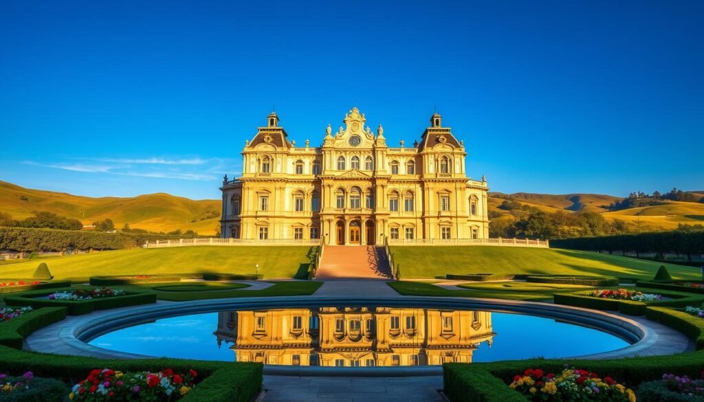 A grand, opulent palace set against a backdrop of rolling green hills and a clear, azure sky. The elegant facade features intricate stone carvings and ornate windows, glimmering in the warm, golden light of the afternoon sun. Manicured gardens surround the palace, with neatly trimmed hedges, colorful flowerbeds, and a serene reflecting pool that mirrors the regal structure. A sense of timeless grandeur and tranquility pervades the scene, inviting the viewer to step into a world of royal splendor and historic charm.
