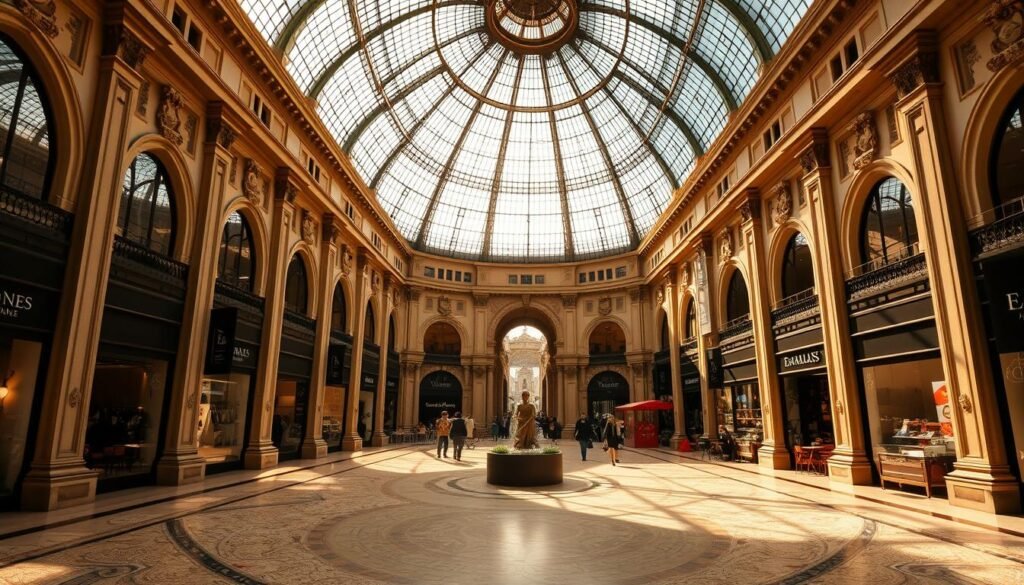 A grand, ornate arcade with a stunning glass-domed ceiling, the Galleria Vittorio Emanuele II in Milan stands as a testament to 19th-century architectural grandeur. Sunlight filters through the intricate, intricate mosaic floor, casting warm hues on the elegant boutiques and cafes that line the bustling walkways. Elegant Corinthian columns flank the impressive entrance, while overhead, a magnificent central dome towers above, its ornate design reflecting the building's historic past. The scene exudes a sense of timeless sophistication, inviting visitors to step back in time and immerse themselves in the rich tapestry of Milan's fashion and cultural heritage. A grand, ornate arcade with a stunning glass-domed ceiling, the Galleria Vittorio Emanuele II in Milan stands as a testament to 19th-century architectural grandeur. Sunlight filters through the intricate, intricate mosaic floor, casting warm hues on the elegant boutiques and cafes that line the bustling walkways. Elegant Corinthian columns flank the impressive entrance, while overhead, a magnificent central dome towers above, its ornate design reflecting the building's historic past. The scene exudes a sense of timeless sophistication, inviting visitors to step back in time and immerse themselves in the rich tapestry of Milan's fashion and cultural heritage.