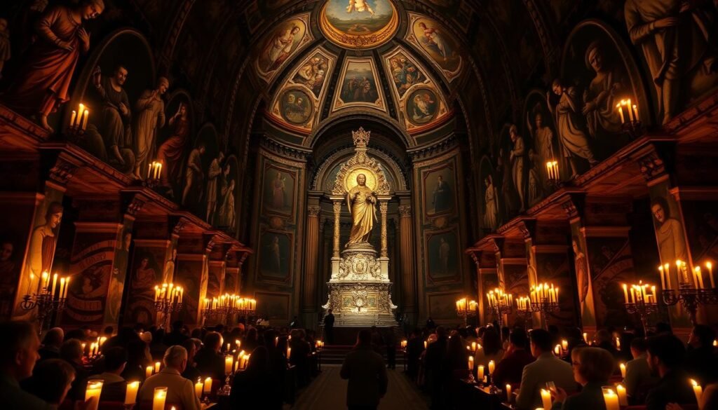 A grand, ornate catacombs, lit by warm candlelight, the walls adorned with intricate frescoes and mosaics depicting the life and miracles of San Gennaro. In the center, his gilded statue stands tall, surrounded by worshippers kneeling in reverence. The atmosphere is somber yet awe-inspiring, as if the very air carries the weight of centuries of faith and devotion. The scene is captured from a low angle, emphasizing the grandeur and spiritual significance of this sacred space, a testament to the enduring legacy of Naples' patron saint.
