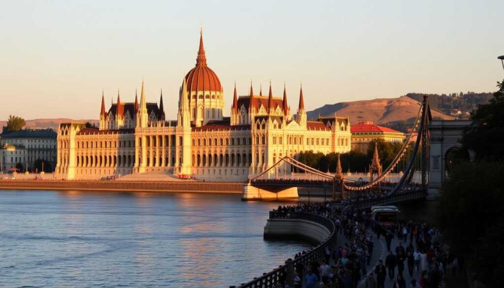 A grand, ornate parliament building standing tall along the banks of the Danube River in Budapest, Hungary. The iconic Neo-Gothic architecture shimmers in the warm, golden light of the setting sun, its intricate spires and towers casting long shadows across the water. In the foreground, the quaint riverfront promenade is bustling with pedestrians and horse-drawn carriages, creating a lively and picturesque scene. The middle ground features the iconic Széchenyi Chain Bridge, its elegant arches and suspension cables adding depth and perspective to the view. In the background, the rolling hills of Buda rise up, providing a serene and majestic backdrop to this magnificent landmark. The overall atmosphere is one of timeless elegance and historic grandeur.