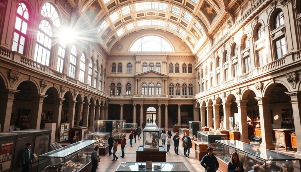 A grand, palatial museum stands tall, its imposing facade adorned with intricate architectural details. Sunlight streams through large, arched windows, casting a warm glow over the interior, where visitors explore the vast, open galleries. Meticulously curated exhibits showcase a diverse array of historical artifacts and interactive displays, inviting visitors to engage with the past in a hands-on, immersive experience. The mood is one of wonder and discovery, as guests navigate the labyrinth of rooms, each corner revealing new insights and surprises. The museum's quirky, offbeat charm is palpable, a testament to the innovative spirit that defines its collection and curation.