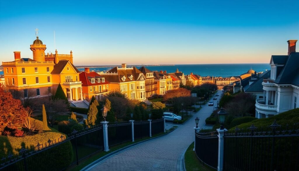 A grand, sweeping view of Bellevue Avenue's gilded mansions, awash in the warm, golden glow of a setting sun. In the foreground, manicured gardens and ornate wrought-iron fences frame the palatial residences, their turrets and columns casting long shadows across the cobblestoned street. The middle ground features a parade of opulent, turn-of-the-century architecture, each building a testament to the wealth and grandeur of the Gilded Age elite. In the distance, the Atlantic Ocean glitters, hinting at the exclusive seaside lifestyle of Newport's high society. The scene exudes an aura of timeless elegance and historic preservation, inviting the viewer to step back in time and imagine the lavish parties and social gatherings that once took place within these stately halls.