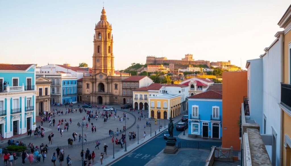 A historic cityscape of Old San Juan, Puerto Rico, bathed in warm, golden light. In the foreground, the towering Cathedral of San Juan Bautista stands tall, its stately stone façade and intricate architectural details commanding attention. Surrounding the cathedral, a bustling plaza filled with locals and tourists, strolling past vibrant colonial-style buildings in shades of pastel blue, yellow, and terracotta. In the middle ground, the iconic blue cobblestone streets wind their way through the neighborhood, leading the eye towards the distant fortified walls and bastions of the historic El Morro Castle, silhouetted against a clear, cloudless sky. The scene exudes a timeless, picturesque charm, where history and culture collide in a harmonious symphony of architecture, public art, and the lively energy of the people. A historic cityscape of Old San Juan, Puerto Rico, bathed in warm, golden light. In the foreground, the towering Cathedral of San Juan Bautista stands tall, its stately stone façade and intricate architectural details commanding attention. Surrounding the cathedral, a bustling plaza filled with locals and tourists, strolling past vibrant colonial-style buildings in shades of pastel blue, yellow, and terracotta. In the middle ground, the iconic blue cobblestone streets wind their way through the neighborhood, leading the eye towards the distant fortified walls and bastions of the historic El Morro Castle, silhouetted against a clear, cloudless sky. The scene exudes a timeless, picturesque charm, where history and culture collide in a harmonious symphony of architecture, public art, and the lively energy of the people.