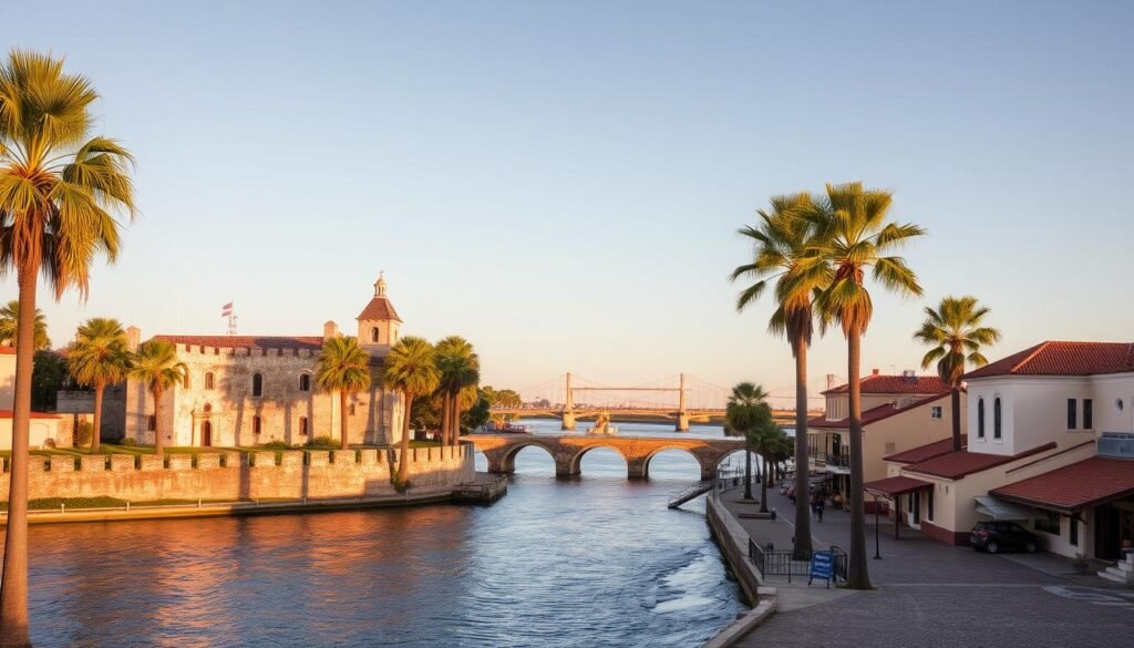 A historic, picturesque town nestled along the Florida coastline, St. Augustine is a picture-perfect scene of old-world charm. In the foreground, the iconic Castillo de San Marcos stands tall, its weathered stone walls casting long shadows across the placid waters of the Matanzas River. Towering palm trees line the riverbanks, swaying gently in the warm ocean breeze. In the middle ground, the quaint, cobblestone streets are dotted with Spanish-style buildings, their stucco facades and red-tiled roofs bathed in the soft, golden light of the setting sun. In the distance, the silhouette of the Bridge of Lions emerges, connecting the historic district to Anastasia Island, creating a timeless, postcard-worthy vista that transports viewers to another era.