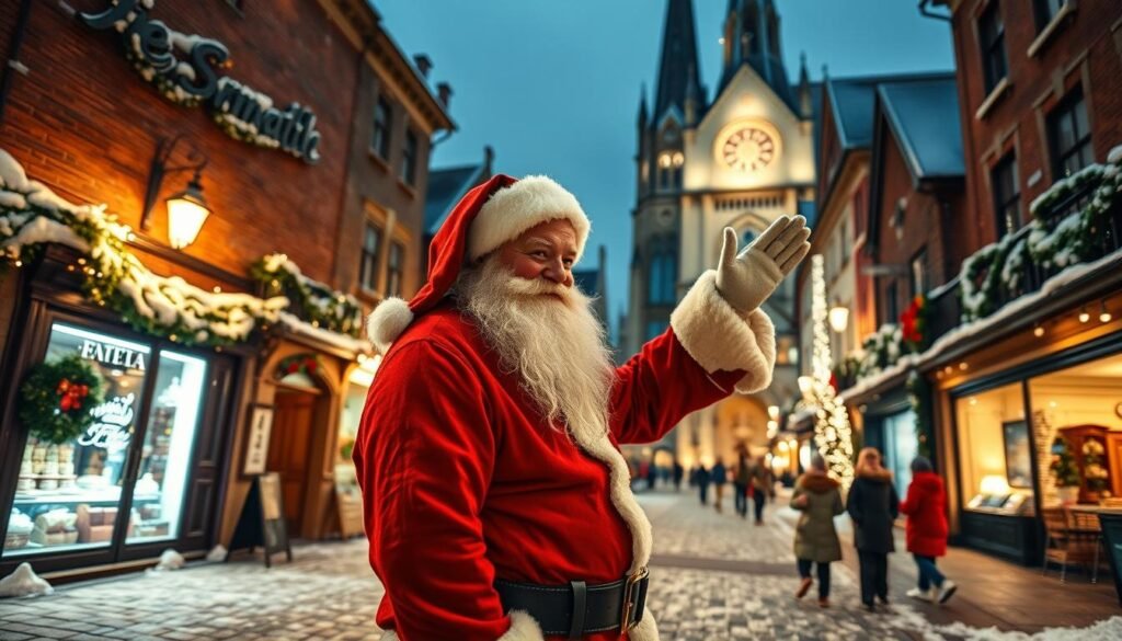 A jolly, rosy-cheeked Santa Claus standing in a cozy, snow-covered town square, his red suit and white beard glistening under the warm glow of twinkling holiday lights. The cobblestone streets are lined with quaint shops and cafes, their facades adorned with garlands and wreaths. In the background, a grand, steepled church towers over the scene, its stained-glass windows reflecting the festive spirit. The air is crisp and the mood is merry, as Santa waves to passing children, embodying the magic and wonder of the Christmas season.