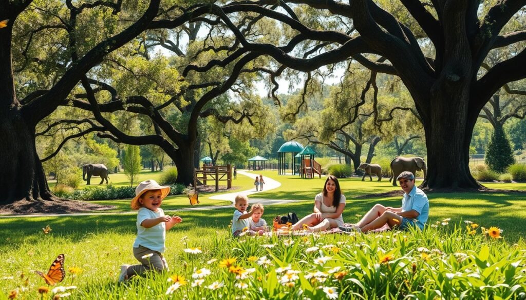 A joyous family immersed in the lush, verdant beauty of a sun-dappled Florida park. In the foreground, a young child chases butterflies through a field of wildflowers, their laughter echoing. Parents and siblings recline on a checkered picnic blanket, savoring a wholesome spread of local fare. Towering oak trees cast dappled shadows, their branches alive with the chirping of birds. In the middle ground, a winding path leads towards a playground where kids swing and climb, their faces alight with excitement. In the distance, the silhouettes of giraffes and elephants can be seen through the foliage of a world-class zoo, hinting at the adventures that await. An atmosphere of pure, carefree delight pervades the scene, capturing the spirit of family-friendly discovery in Gainesville, Florida.