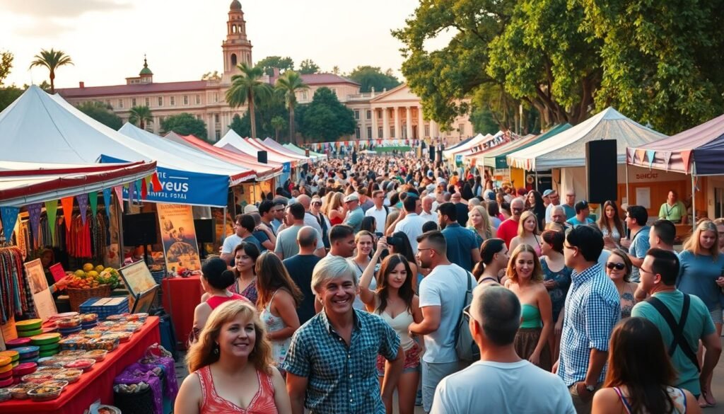 A lively and vibrant festival scene in Gainesville, Florida, featuring a diverse array of activities and cultural celebrations. In the foreground, colorful stalls and booths showcase local crafts, artisanal foods, and live music performances. In the middle ground, a crowd of people mingle and dance, their expressions filled with joy and excitement. In the background, a stunning backdrop of historic buildings and lush greenery sets the stage for this annual celebration. The lighting is warm and inviting, creating a festive and atmospheric ambiance. The camera angle is slightly elevated, capturing the energy and energy of the event from an engaging perspective.
