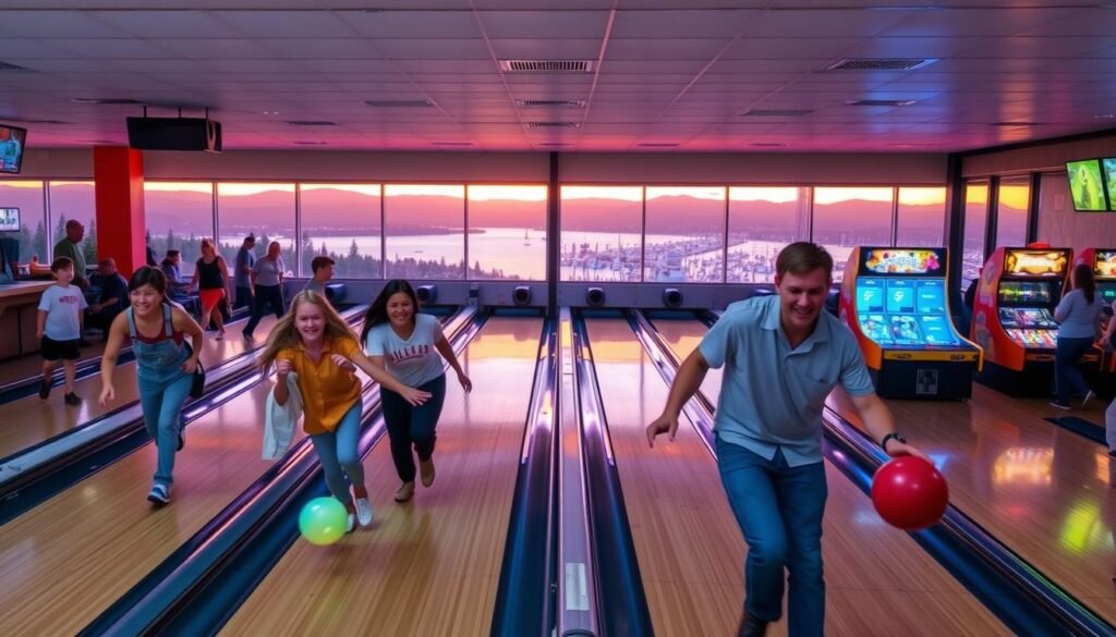 A lively bowling alley nestled in the charming coastal town of Gig Harbor. The foreground features a group of friends and families enthusiastically rolling balls down the well-maintained lanes, their faces alight with joy and friendly competition. In the middle ground, an arcade section beckons with vibrant neon lights and the whirring sounds of classic video games. The background showcases the venue's panoramic windows, offering a breathtaking view of the harbor and the surrounding hills, bathed in the warm, golden glow of the setting sun. The overall atmosphere is one of laughter, camaraderie, and the perfect blend of modern entertainment and picturesque natural beauty. A lively bowling alley nestled in the charming coastal town of Gig Harbor. The foreground features a group of friends and families enthusiastically rolling balls down the well-maintained lanes, their faces alight with joy and friendly competition. In the middle ground, an arcade section beckons with vibrant neon lights and the whirring sounds of classic video games. The background showcases the venue's panoramic windows, offering a breathtaking view of the harbor and the surrounding hills, bathed in the warm, golden glow of the setting sun. The overall atmosphere is one of laughter, camaraderie, and the perfect blend of modern entertainment and picturesque natural beauty.