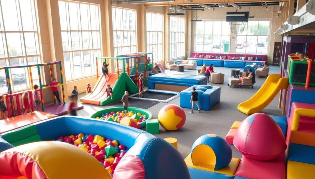 A lively indoor playground, bathed in warm, natural lighting from large windows. Vibrant soft-padded play structures and jungle gyms in the foreground, with groups of excited children climbing and sliding. In the middle ground, ball pits, trampolines, and colorful foam shapes invite exploration. The background features a cozy lounge area with plush seating and families relaxing. The overall atmosphere is one of joyful, carefree play, perfect for an afternoon of family fun. A lively indoor playground, bathed in warm, natural lighting from large windows. Vibrant soft-padded play structures and jungle gyms in the foreground, with groups of excited children climbing and sliding. In the middle ground, ball pits, trampolines, and colorful foam shapes invite exploration. The background features a cozy lounge area with plush seating and families relaxing. The overall atmosphere is one of joyful, carefree play, perfect for an afternoon of family fun.