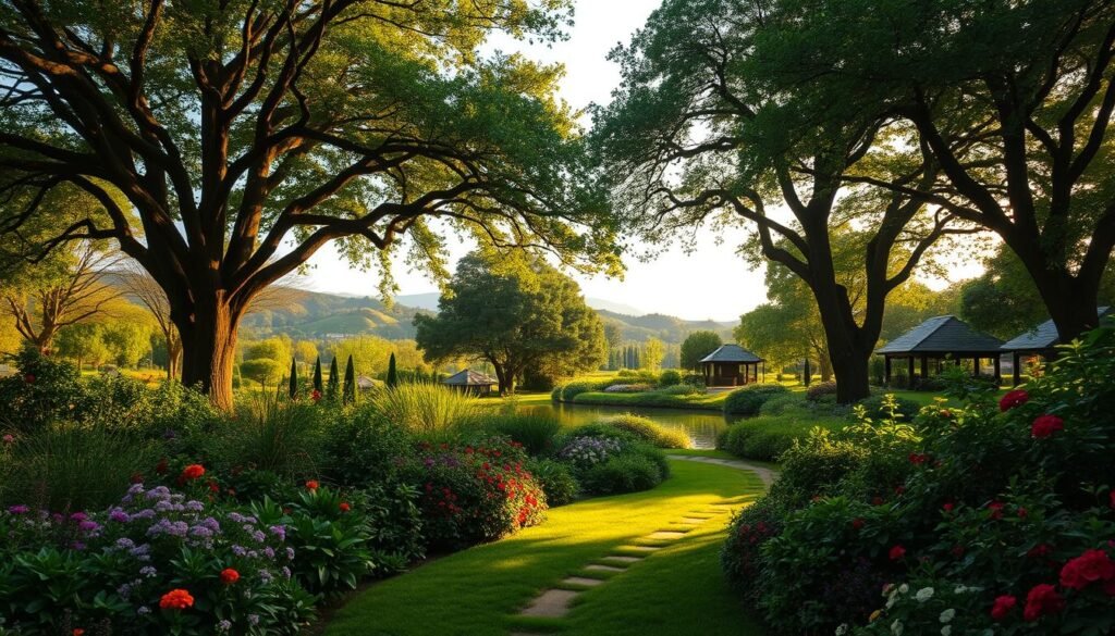 A lush, expansive garden scene with a serene, natural atmosphere. In the foreground, a meandering path winds through a tapestry of vibrant flowers and verdant foliage. Tall, majestic trees provide a canopy of dappled sunlight, casting warm, golden hues across the landscape. In the middle ground, a tranquil pond reflects the surrounding greenery, its surface interrupted by the graceful movements of koi fish. The background showcases rolling hills and distant, hazy mountains, creating a sense of depth and peaceful isolation. The overall mood is one of tranquility, inviting the viewer to pause and immerse themselves in the beauty of this verdant oasis. A lush, expansive garden scene with a serene, natural atmosphere. In the foreground, a meandering path winds through a tapestry of vibrant flowers and verdant foliage. Tall, majestic trees provide a canopy of dappled sunlight, casting warm, golden hues across the landscape. In the middle ground, a tranquil pond reflects the surrounding greenery, its surface interrupted by the graceful movements of koi fish. The background showcases rolling hills and distant, hazy mountains, creating a sense of depth and peaceful isolation. The overall mood is one of tranquility, inviting the viewer to pause and immerse themselves in the beauty of this verdant oasis.