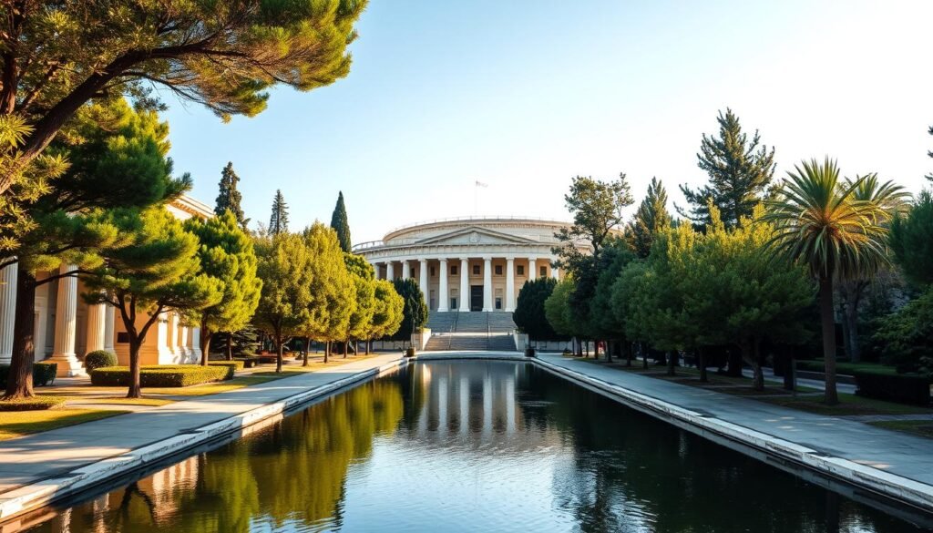 A lush green oasis in the heart of Athens, the National Garden leads to the iconic Panathenaic Stadium, a gleaming marble arena bathed in warm, golden light. Stately trees line the tranquil pathways, their shadows dancing across the paved walkways. In the foreground, a serene pond reflects the stately columns and domed roofs of the historic buildings. The middle ground reveals the grand entrance to the Panathenaic Stadium, its white marble facade shimmering under a clear, azure sky. The background showcases the stadium's iconic U-shaped design, the curved seating areas rising up to the sky, a testament to ancient Greek engineering. This scene exudes a sense of timeless beauty, where the natural and the manmade coexist in perfect harmony.
