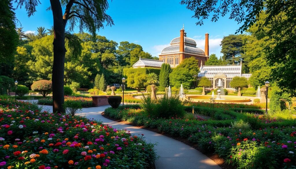 A lush oasis of vibrant greenery, the Birmingham Botanical Gardens offer a serene escape from the city. In the foreground, a winding path leads visitors through a tapestry of colorful blooms, their petals gently swaying in the soft breeze. Towering trees cast dappled shadows, creating an atmosphere of tranquility. In the middle ground, elegant fountains and ornamental ponds reflect the azure sky above, inviting visitors to pause and admire the natural beauty. In the background, the iconic glasshouses and conservatories rise majestically, their architectural details illuminated by warm, golden light. The overall scene evokes a sense of botanical bliss, perfect for an immersive exploration of Birmingham's horticultural treasures.