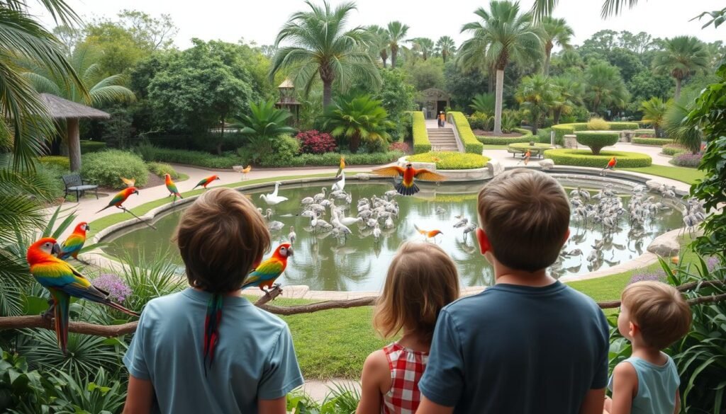 A lush outdoor scene showcasing the diverse wildlife exhibits of Naples, Florida. In the foreground, a family observes a vibrant array of tropical birds in an expertly designed aviary, their vivid plumage and graceful movements captivating the onlookers. The middle ground reveals a serene pond teeming with wading birds and schools of colorful fish, while in the background, a manicured botanical garden provides a naturalistic backdrop. Soft, diffused lighting creates a warm, inviting atmosphere, and a wide-angle lens captures the expansive, immersive feel of the exhibits. The overall scene evokes a sense of wonder, education, and a deep appreciation for the natural world.