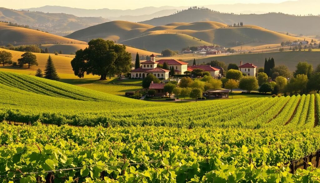A lush, rolling landscape of verdant vineyards stretches out in the foreground, with rows of grapevines basking in the warm California sunshine. In the middle ground, quaint Mediterranean-style wineries and tasting rooms stand amidst towering oak trees and neatly manicured gardens. The background is dominated by gently undulating hills, their slopes dotted with the telltale red roofs of historic, charming towns. A soft, golden-hour glow bathes the entire scene, creating a cozy, inviting atmosphere. The image conveys the essence of California's premier wine country, where visitors can savor exceptional vintages and immerse themselves in the region's rich history and natural beauty.